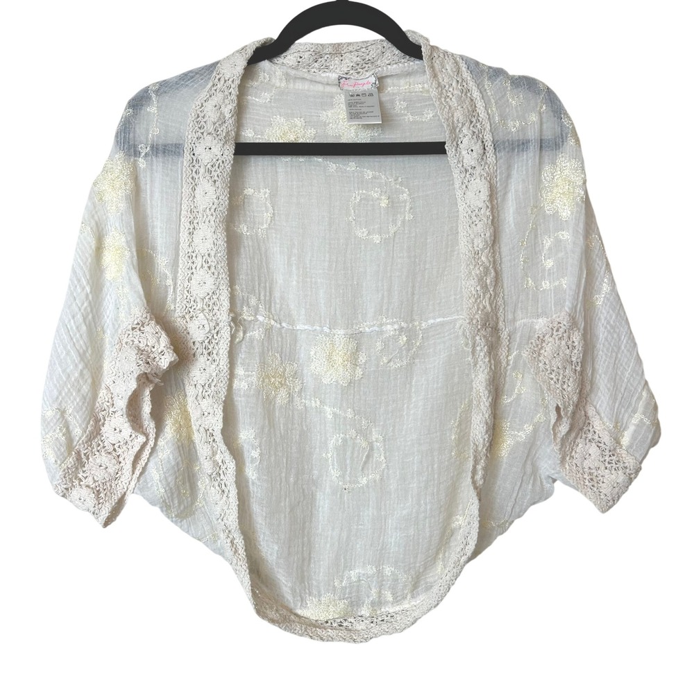 Free People Catania Embroidered Eyelet Gauze Shrug Crochet Lace Jacket Fairy OS